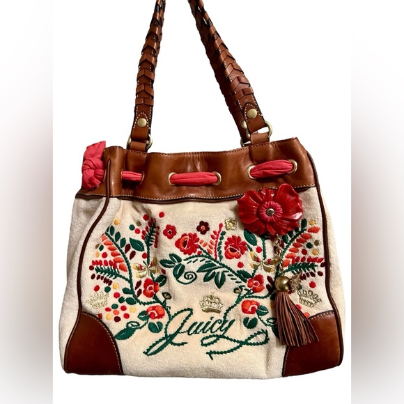 Juicy Couture floral embroidered terry cloth shoulder handbag Nwt